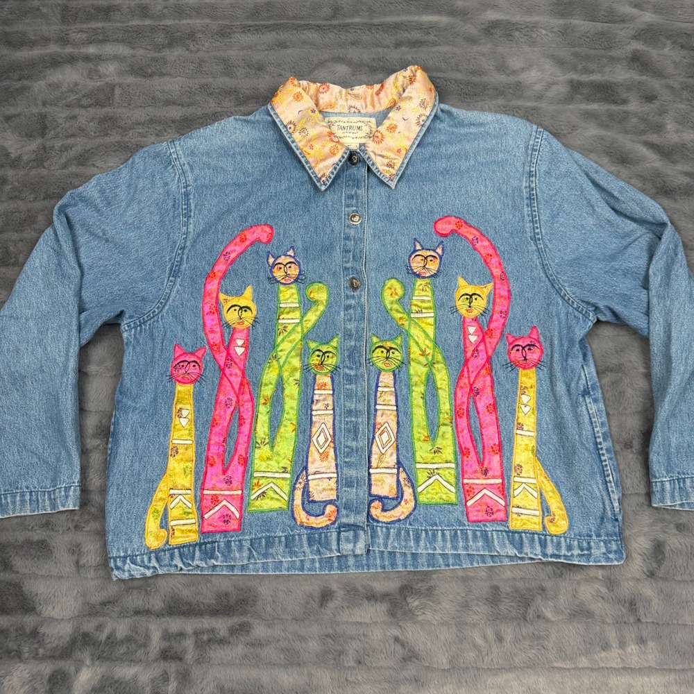 Tantrums Vintage Denim Cat Applique Jacket Blue Cotton Petite XL PXL Colorful